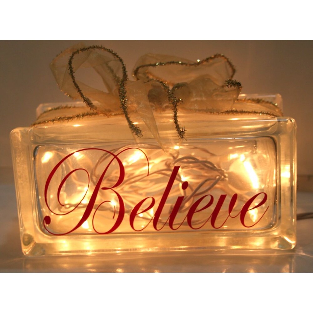 Believe Christmas Glass Block Lighted Decor Gift Bow Holiday Brick Display 7.5"